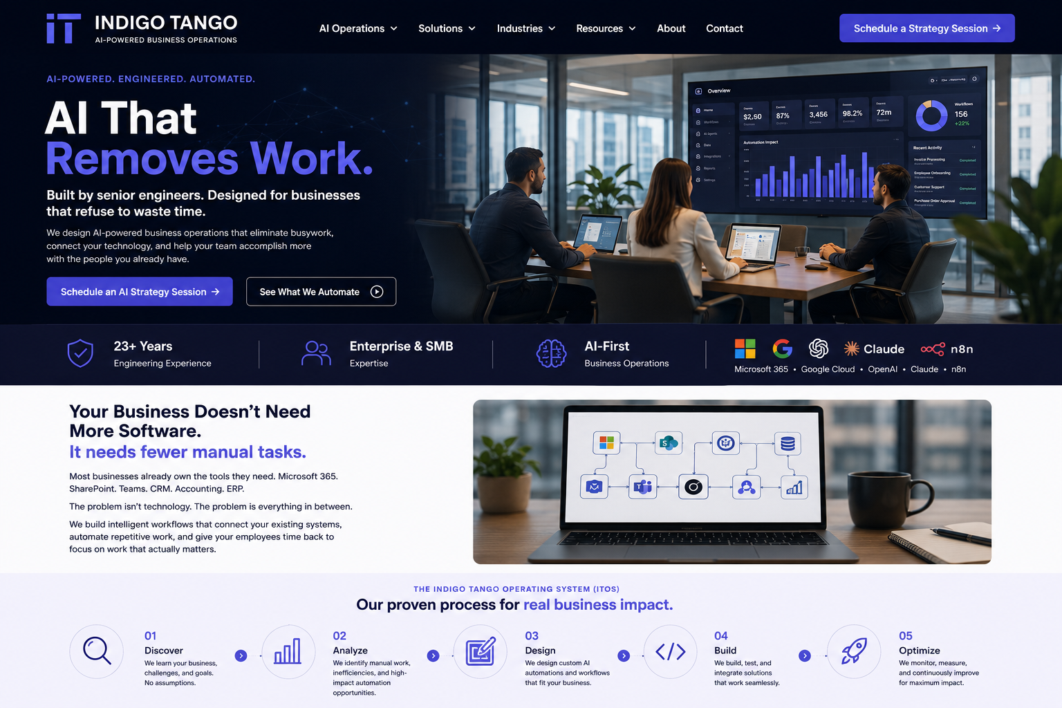 Indigo Tango AI operations dashboard in a modern conference room