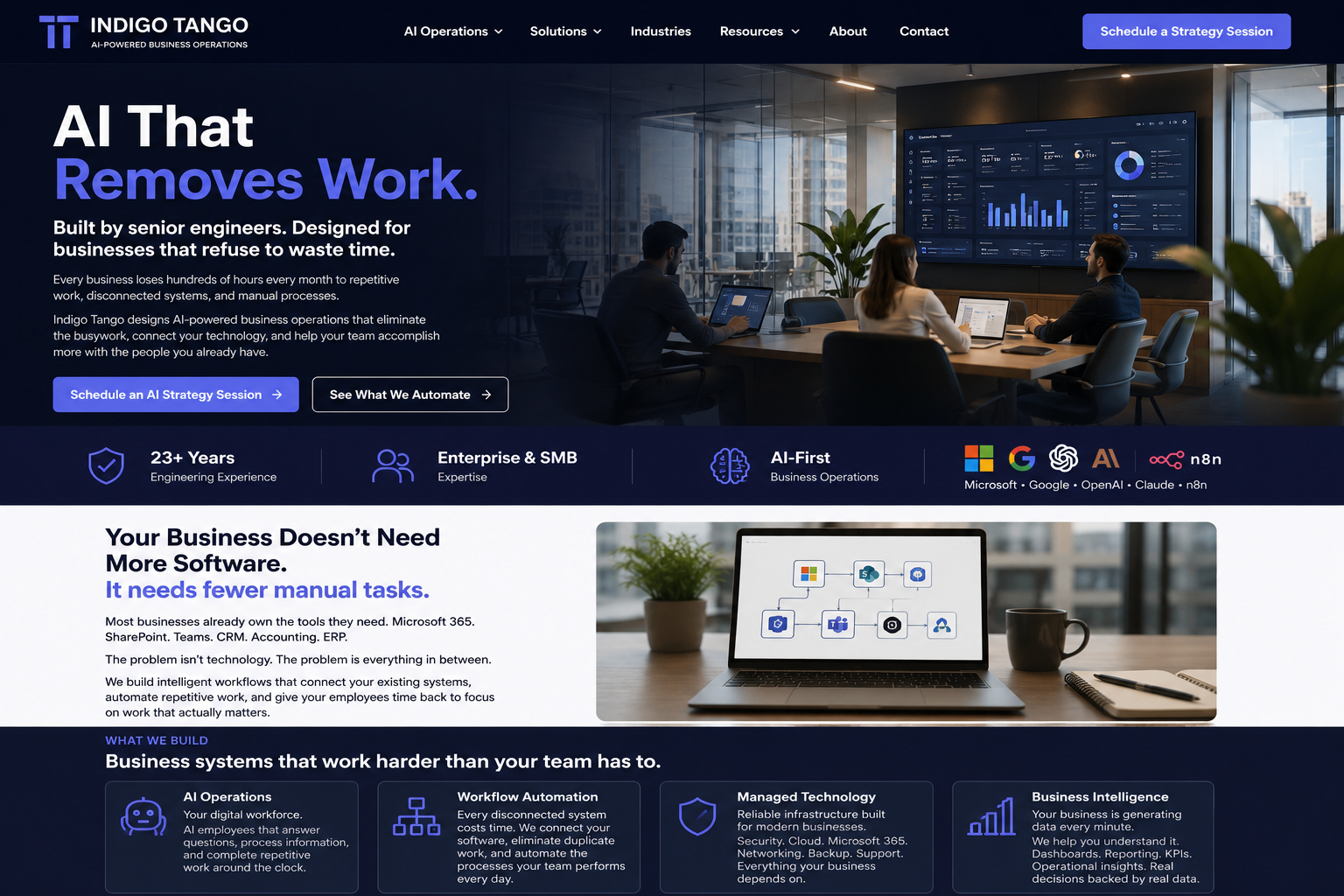 Indigo Tango homepage concept with workflow automation visual